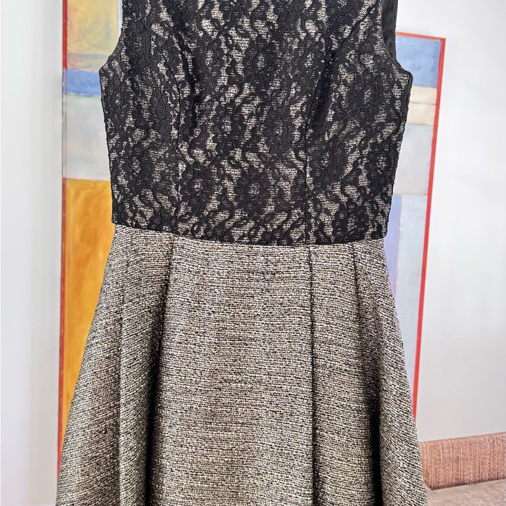 Monique Lhuillier Black Lace and Gray Tweed Mini Dress